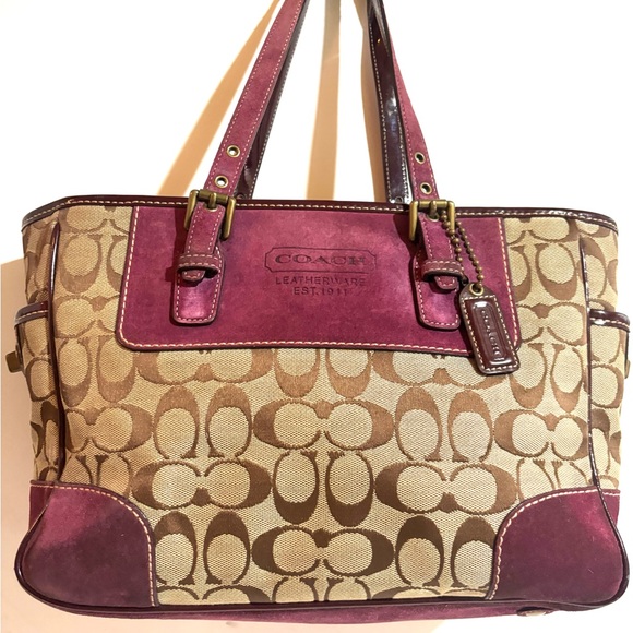 Coach vintage Signature Canvas / leather suede Shoulder Bag - Pink and Tan - Picture 1 of 12